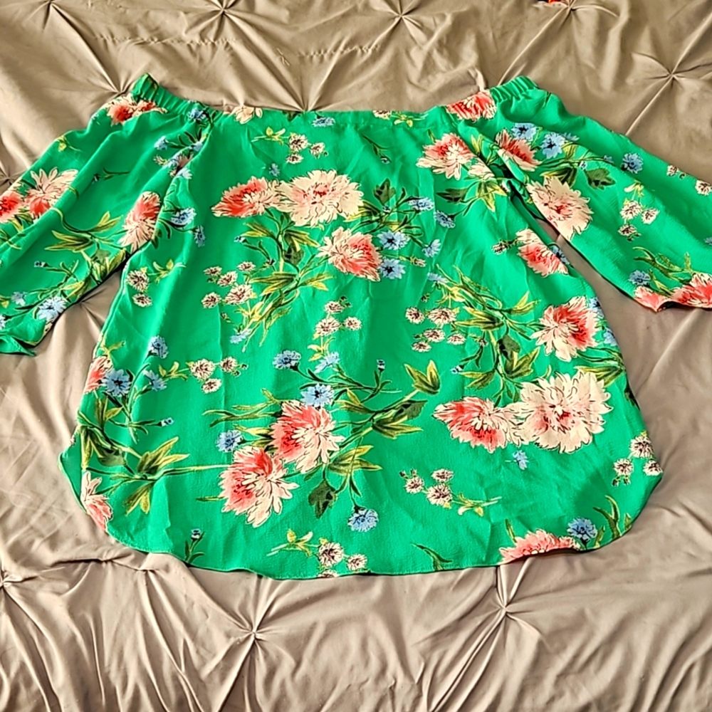 Green off the shoulder blouse with Pink flowers
